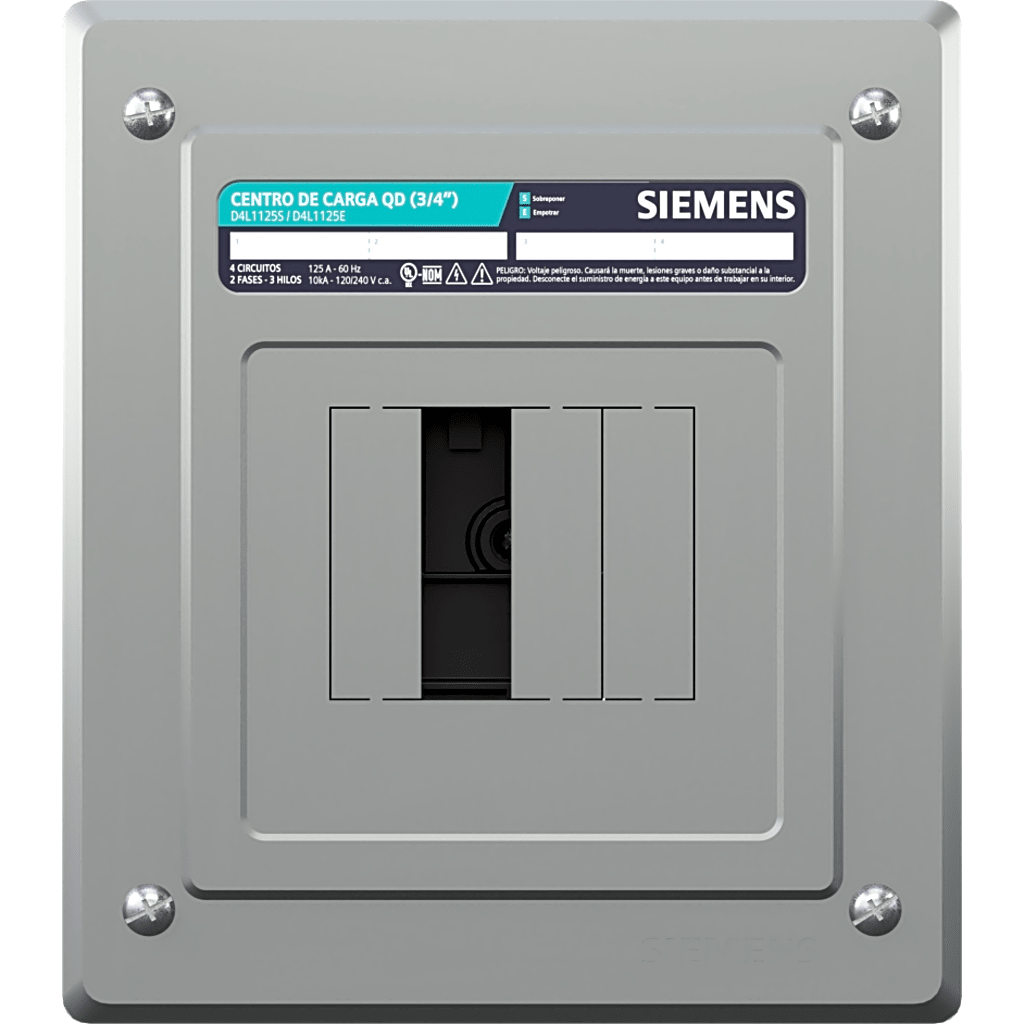 Centro de carga monofásico para empotrar. 1 Fase, 3 Hilos para interruptores QD, de 4 polos, 120/240vca, Barras de aluminio 125 Amp, Nema 1.