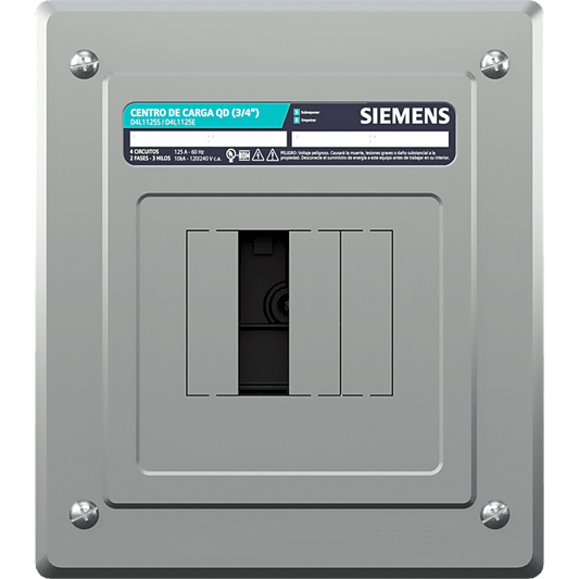 Centro de carga monofásico para empotrar. 1 Fase, 3 Hilos para interruptores QD, de 4 polos, 120/240vca, Barras de aluminio 125 Amp, Nema 1.