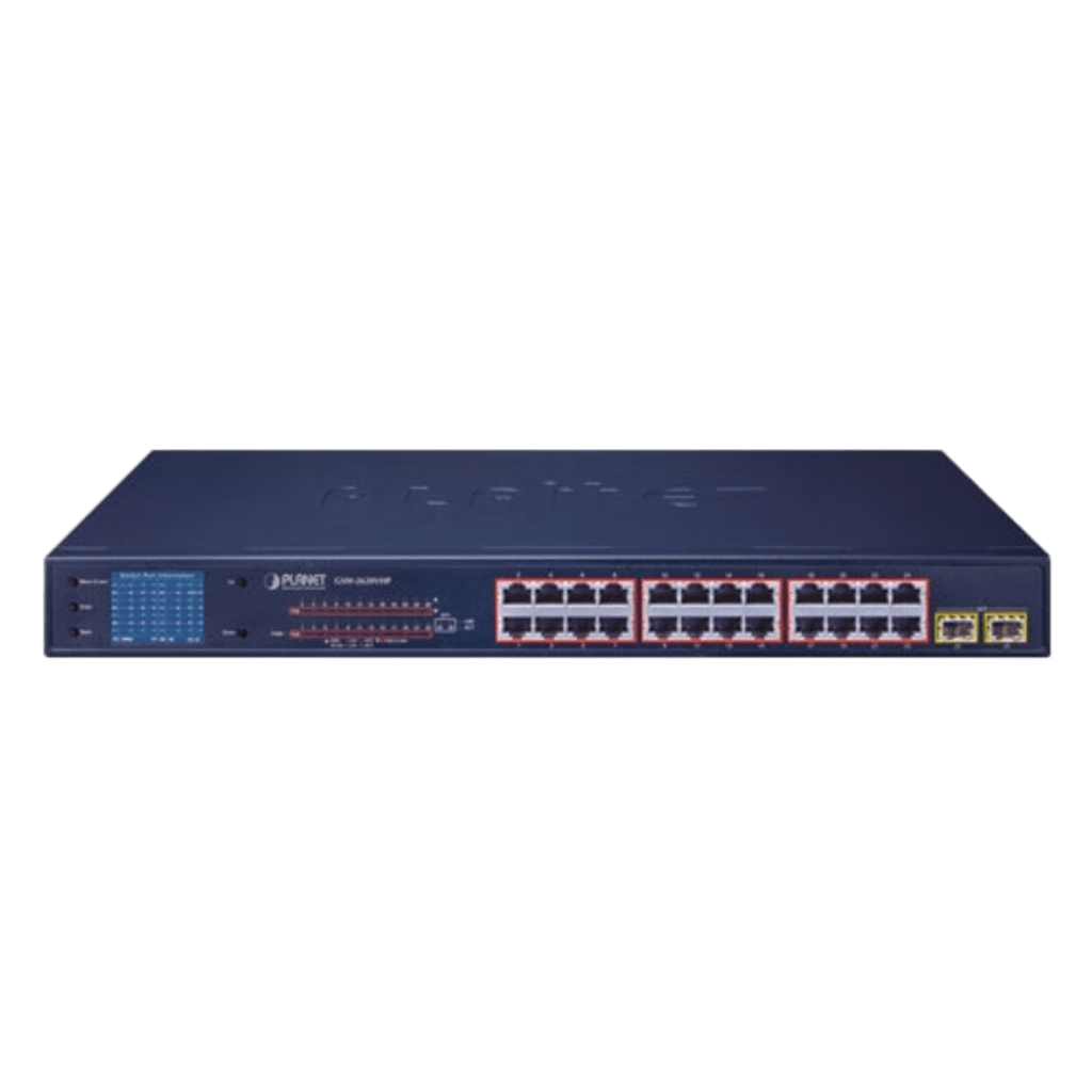 Switch PoE de 24 Puertos Gigabit 802.3af/at con Modo Extendido 250 m, 2 Puertos SFP 1000SX , Pantalla LCD para Configuración Básica, Hasta 300 W para