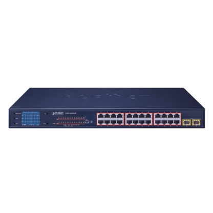 Switch PoE de 24 Puertos Gigabit 802.3af/at con Modo Extendido 250 m, 2 Puertos SFP 1000SX , Pantalla LCD para Configuración Básica, Hasta 300 W para