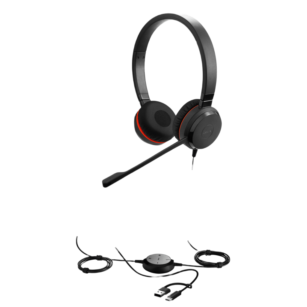 Jabra Evolve 30 II Duo con conexión USB C/A y 3.5mm, micrófono con cancelación de ruido y controlador en el cable con botones e indicadores LED