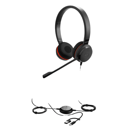 Jabra Evolve 30 II Duo con conexión USB C/A y 3.5mm, micrófono con cancelación de ruido y controlador en el cable con botones e indicadores LED