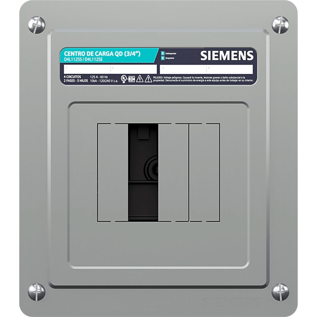 Centro de carga monofásico para sobreponer. 1 Fase, 3 Hilos para interruptores QD, de 4 polos, 120/240vca, Barras de aluminio 125 Amp, Nema 1.
