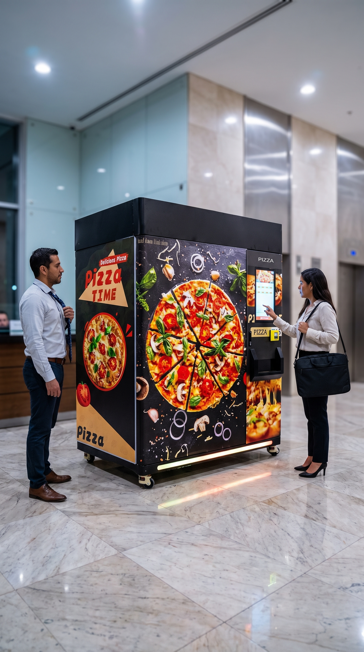 Oficinistas frente a la máquina expendedora de pizza refrigerada 24/7 en el lobby de una torre en Monterrey