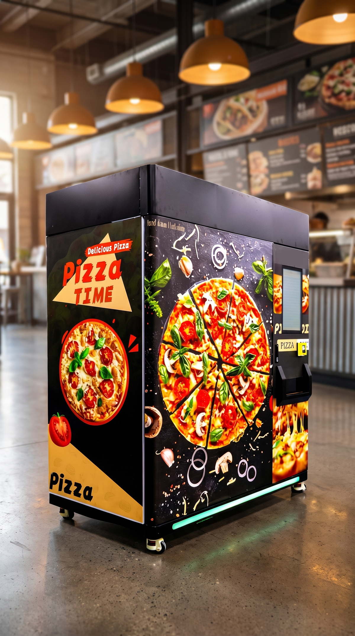 Máquina expendedora de pizza refrigerada con horno rápido en un food hall moderno