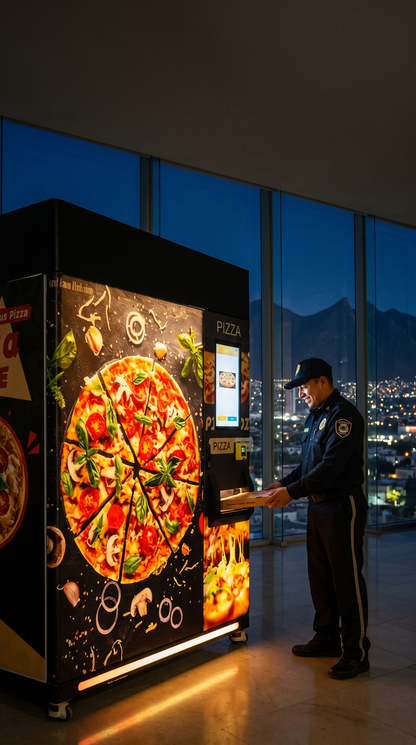 Guardia nocturno recoge su pizza en la máquina expendedora de pizza refrigerada 24/7