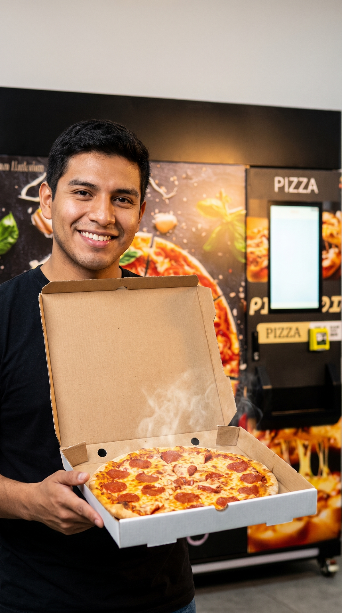 Joven abre una pizza de pepperoni recién salida de la máquina expendedora de pizza refrigerada