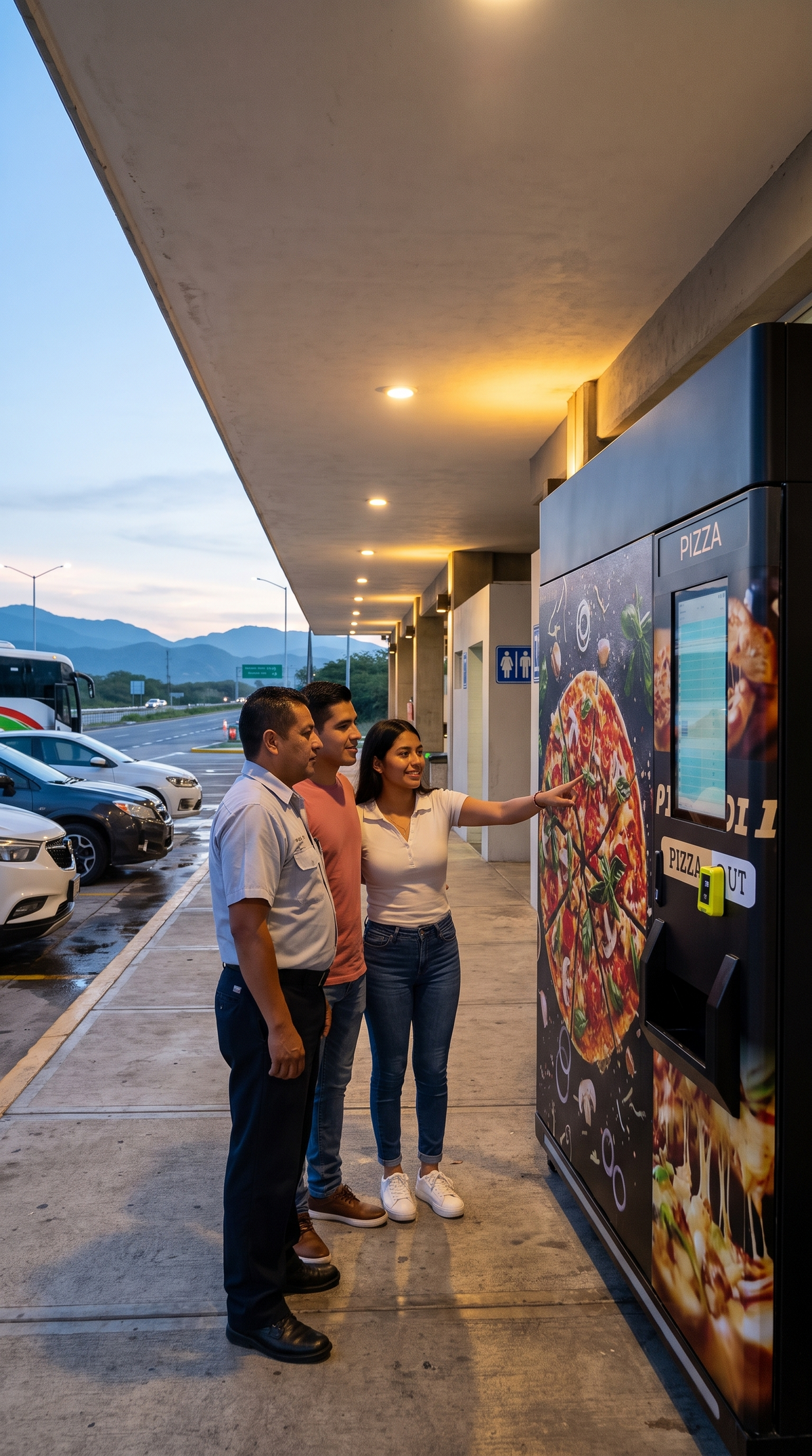 Viajeros frente a la máquina expendedora de pizza congelada 24/7 en un parador de la Autopista del Sol