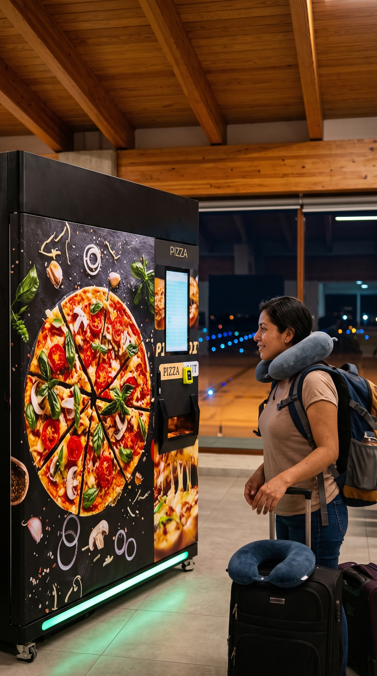 Pasajera espera su pizza en la máquina expendedora de pizza congelada en un aeropuerto de Oaxaca