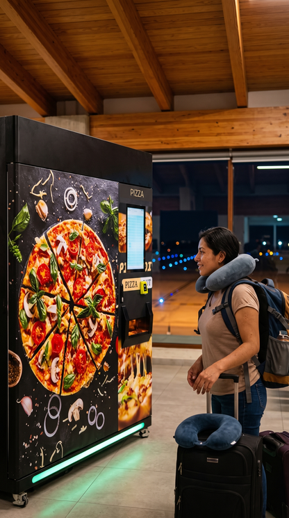 Pasajera espera su pizza en la máquina expendedora de pizza congelada en un aeropuerto de Oaxaca