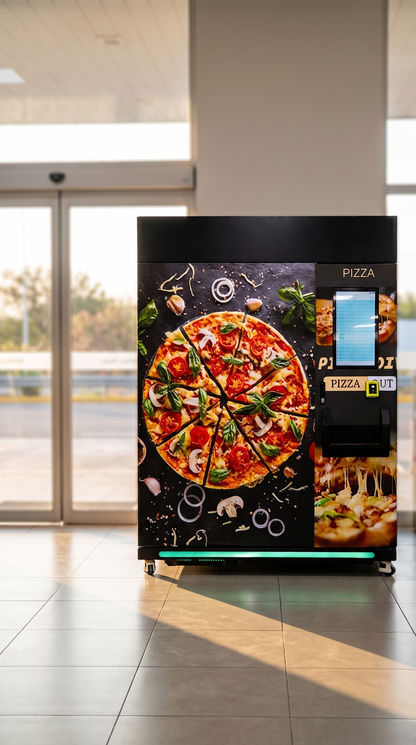 Máquina expendedora de pizza congelada con horno rápido en una plaza de servicio de carretera