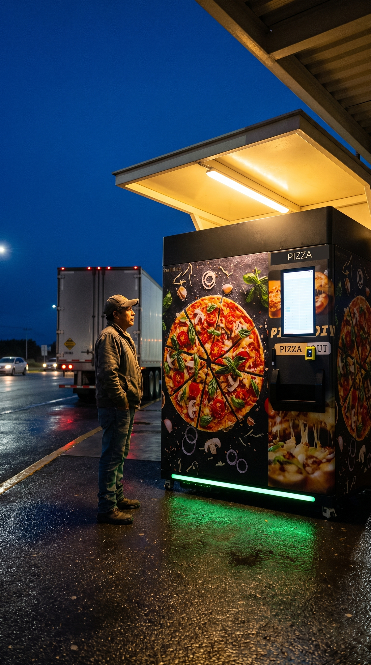 Trailero espera su pizza de madrugada en la máquina expendedora de pizza congelada 24/7