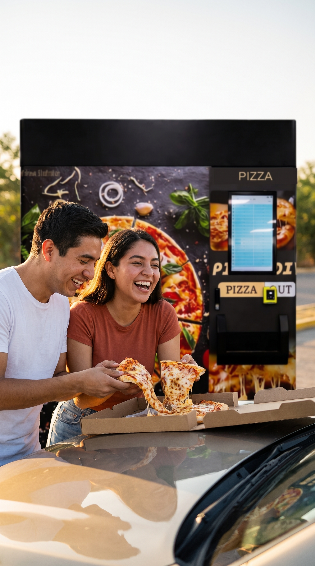 Pareja comparte una pizza recién horneada de la máquina expendedora de pizza congelada