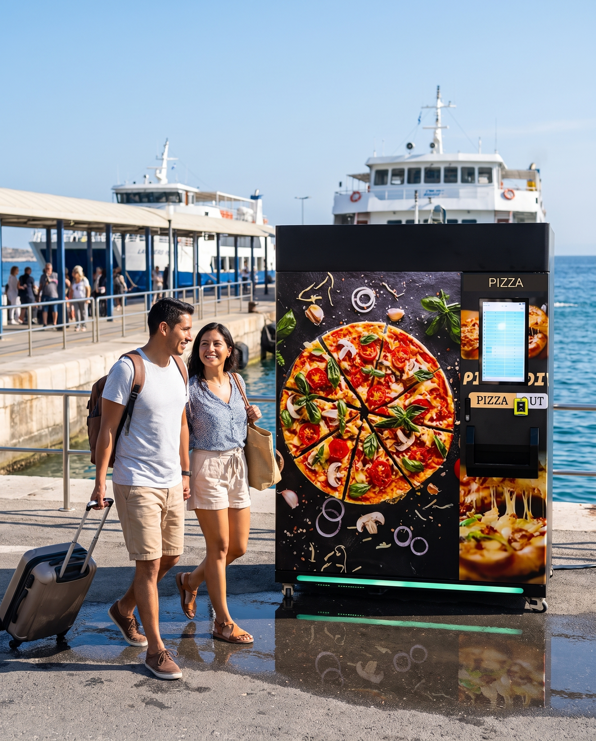 Pareja de turistas camina hacia la máquina expendedora de pizza congelada en una terminal de ferry