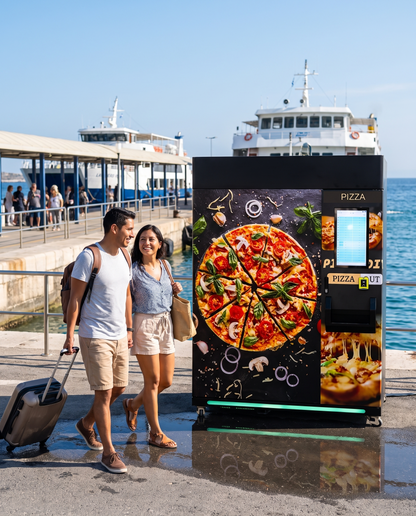 Pareja de turistas camina hacia la máquina expendedora de pizza congelada en una terminal de ferry