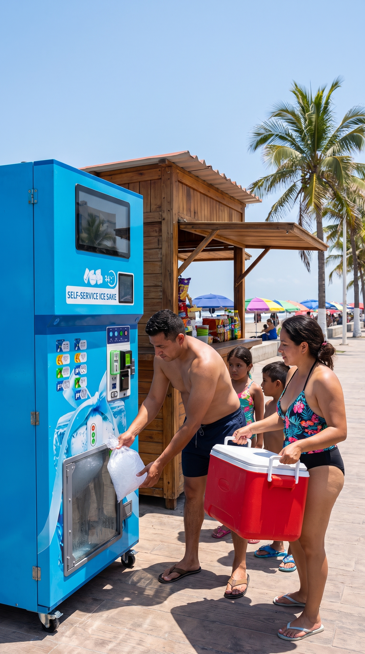 Familia compra hielo en la máquina expendedora de hielo 160 kg/día en el malecón de Boca del Río