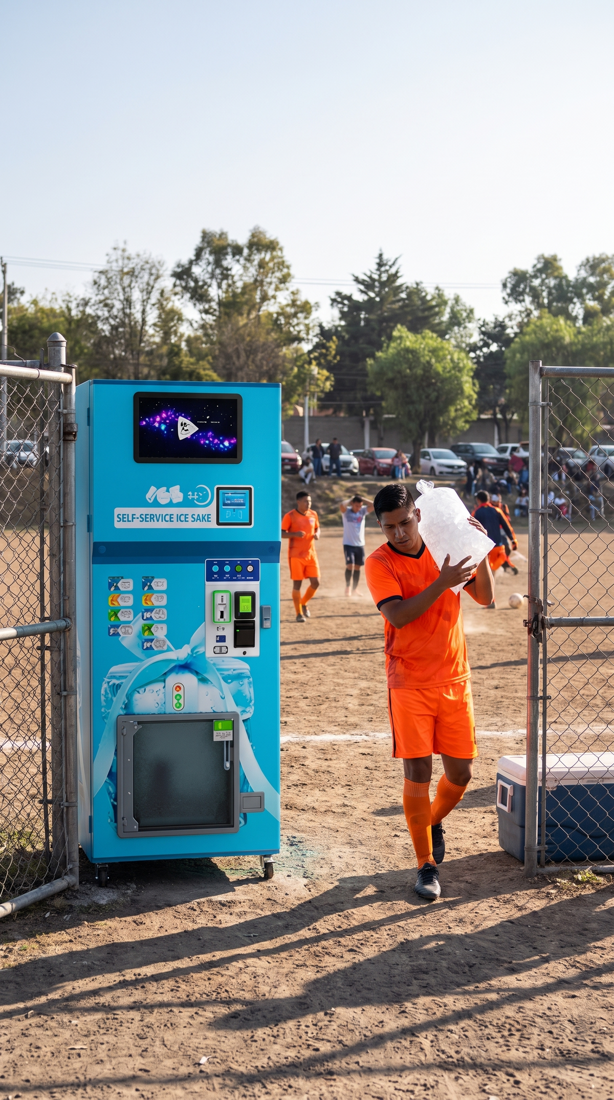 Futbolista lleva una bolsa de hielo de la máquina de hielo 160 kg/día junto a la cancha