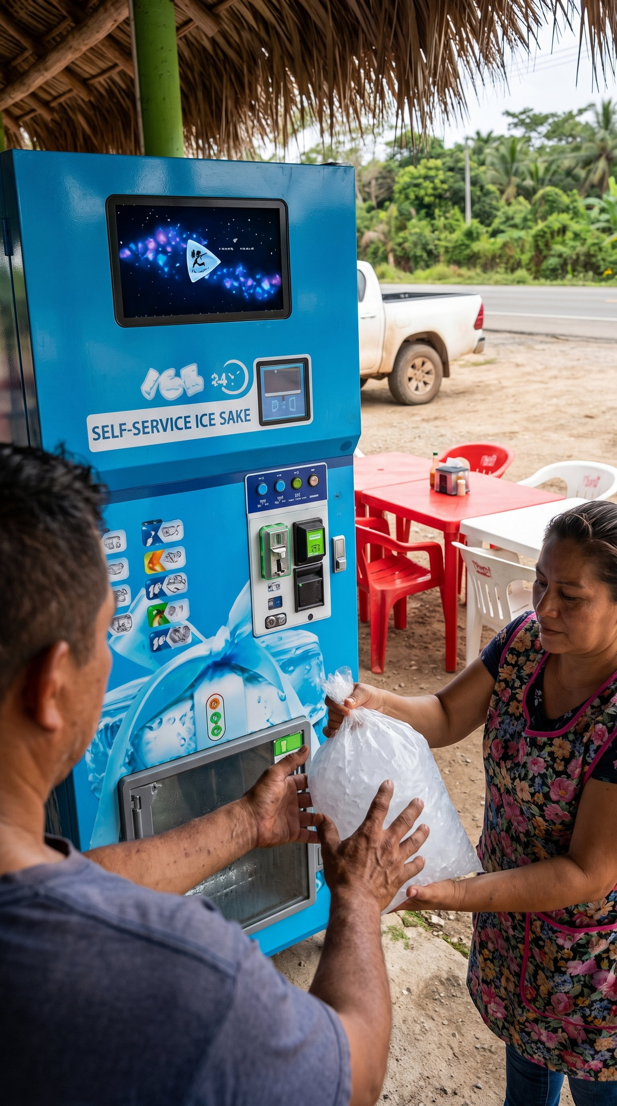 Cocinera de fonda entrega hielo a un trailero junto a la máquina de hielo 160 kg/día en Tabasco