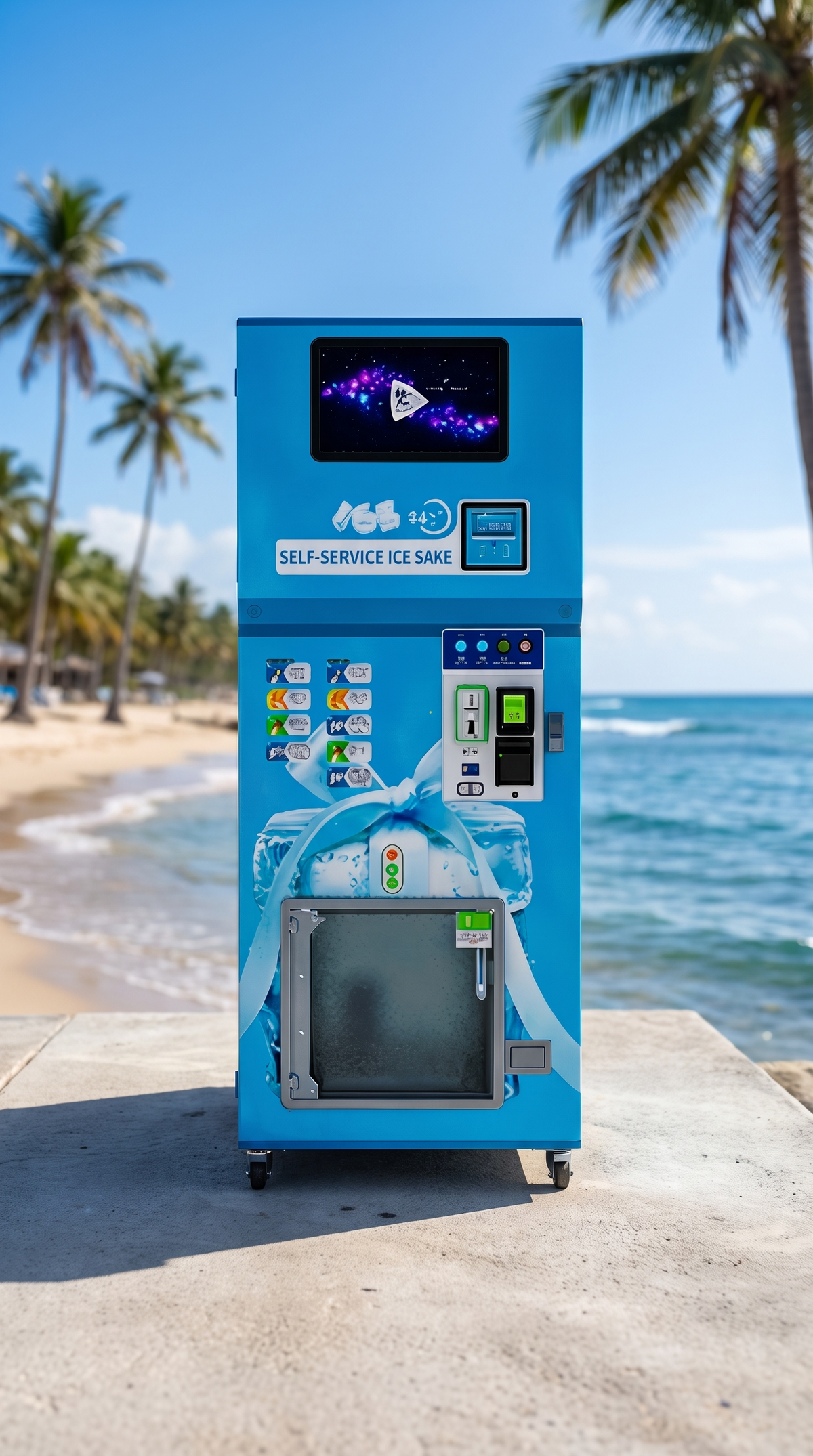 Máquina expendedora de hielo en bolsa y granel 160 kg/día junto al mar