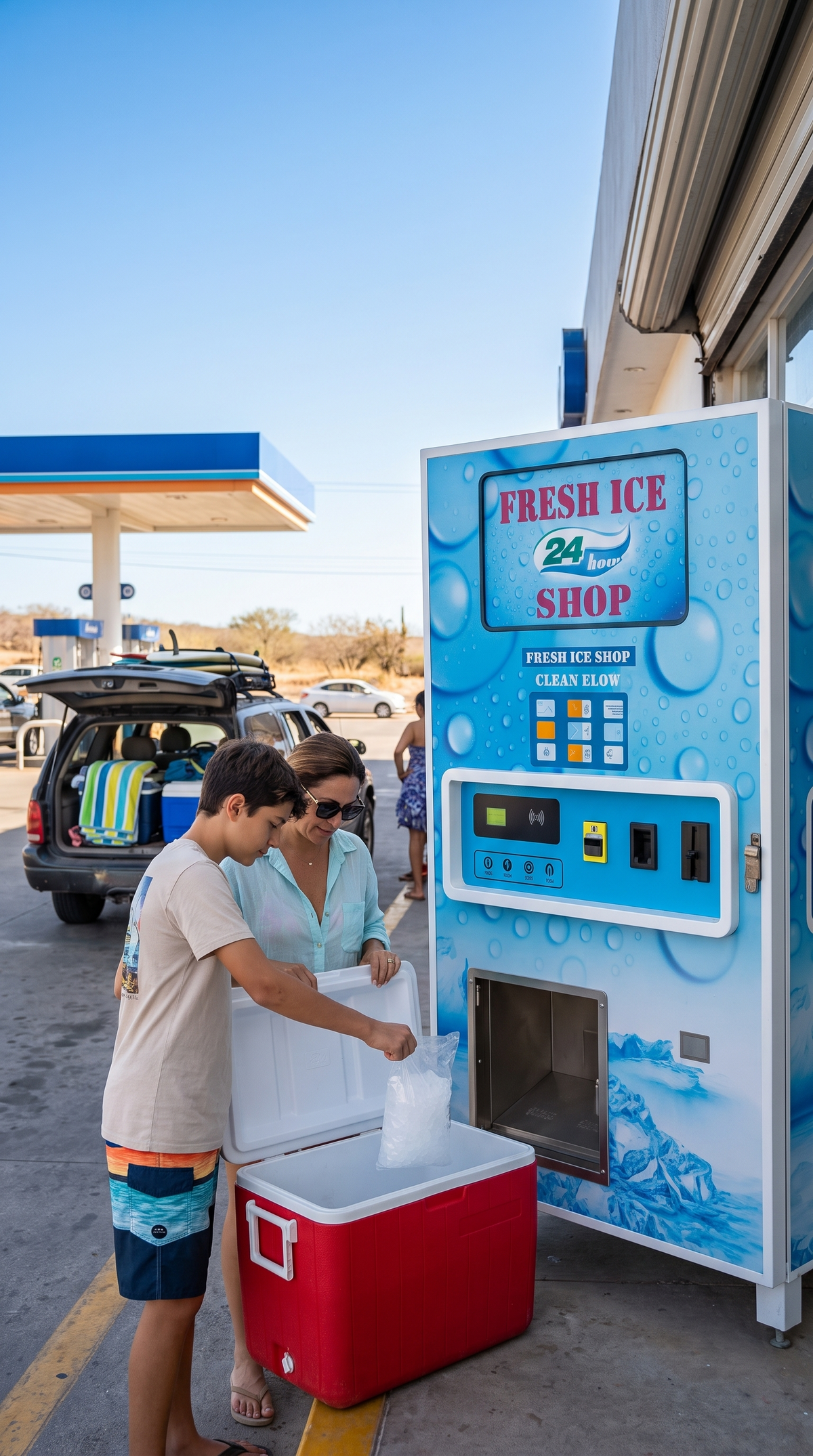 Mamá e hijo llenan su hielera en la máquina de hielo 180 kg/día en una gasolinera rumbo a Mazatlán