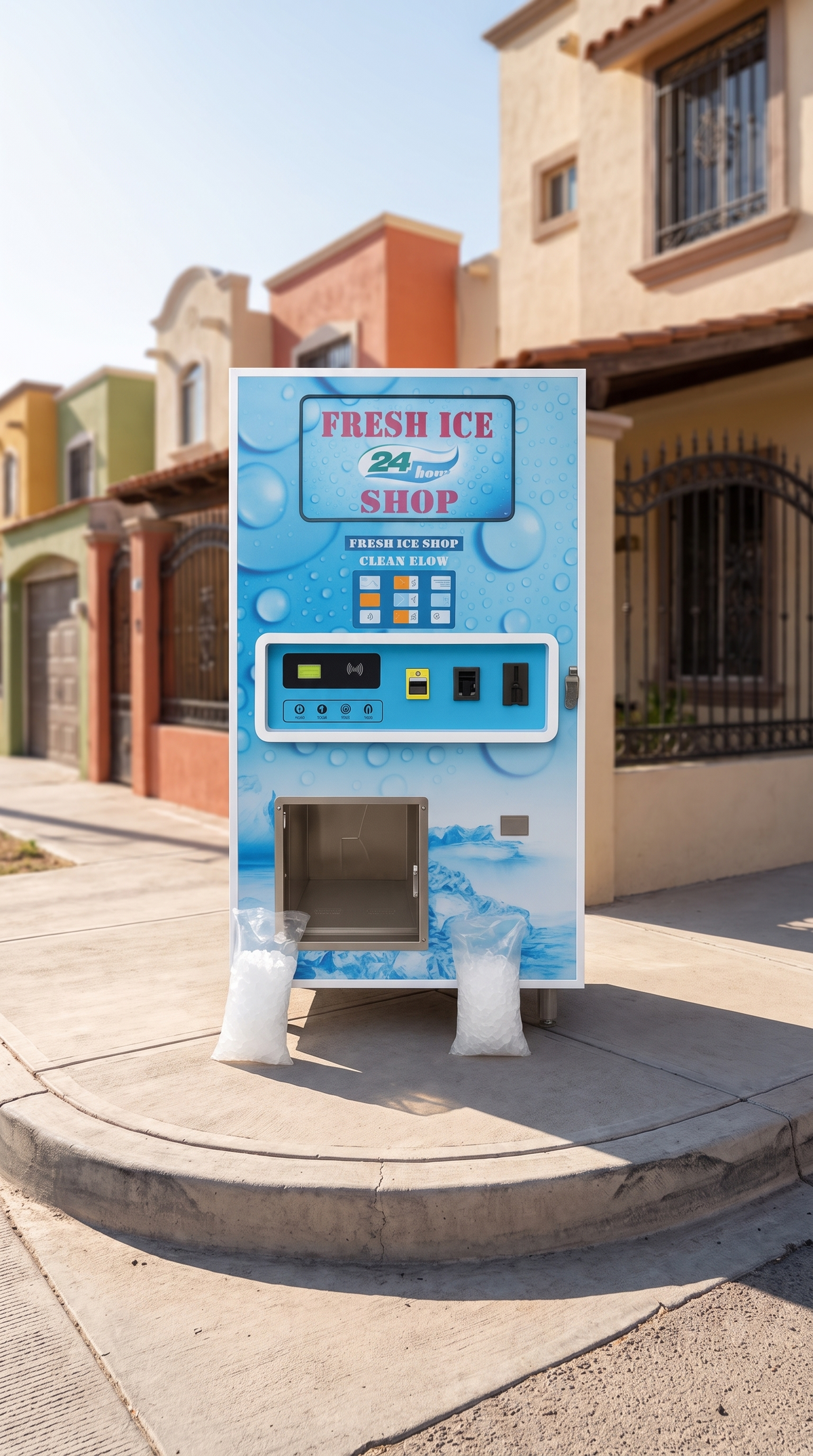Máquina expendedora de hielo en bolsa y granel 180 kg/día en una esquina de Sinaloa