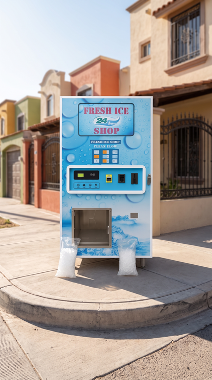 Máquina expendedora de hielo en bolsa y granel 180 kg/día en una esquina de Sinaloa