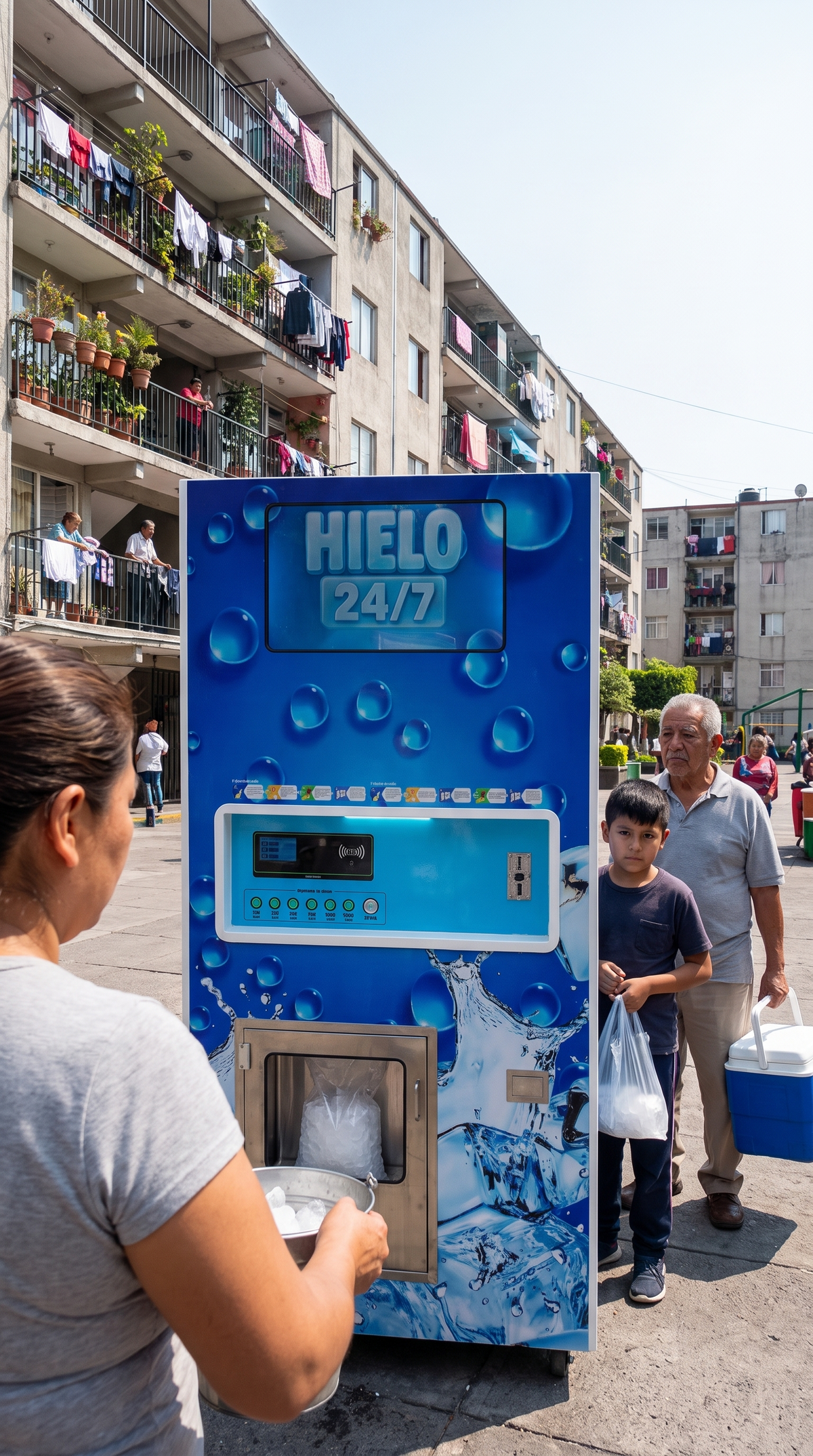 Vecinos hacen fila en la máquina expendedora de hielo 320 kg/día en una unidad habitacional de Iztapalapa