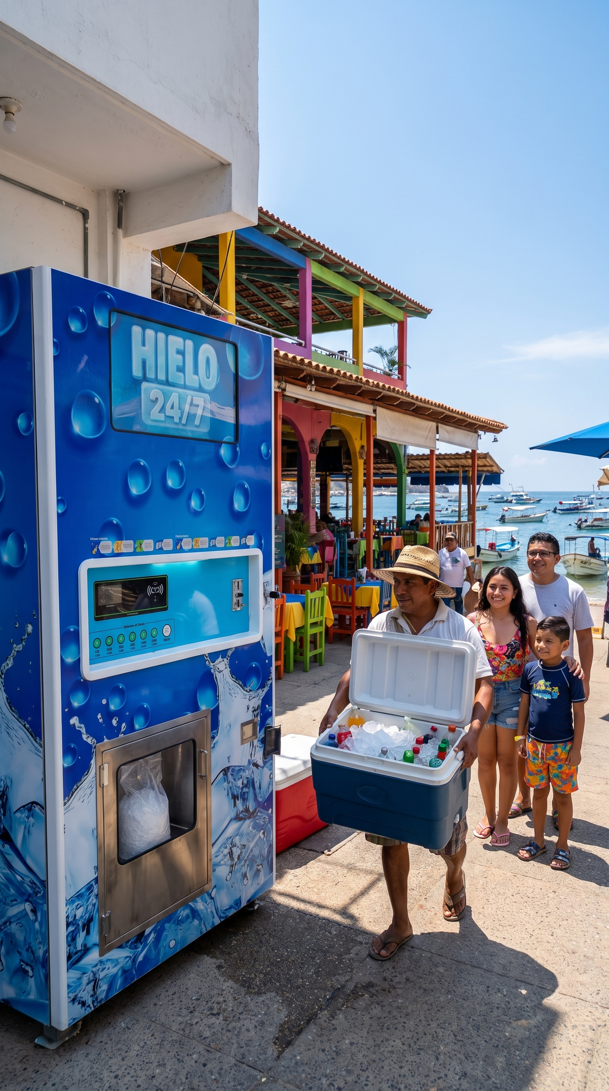 Vendedor de playa lleva hielo de la máquina expendedora de hielo 320 kg/día en Caleta, Acapulco
