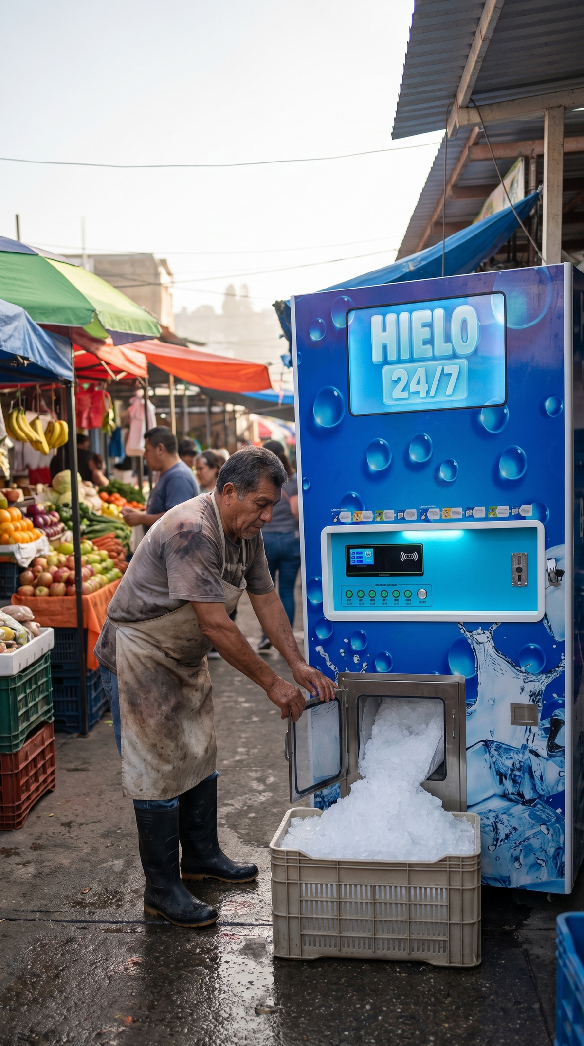Vendedor de mariscos llena una caja con hielo a granel de la máquina de hielo 320 kg/día en un mercado de Tijuana