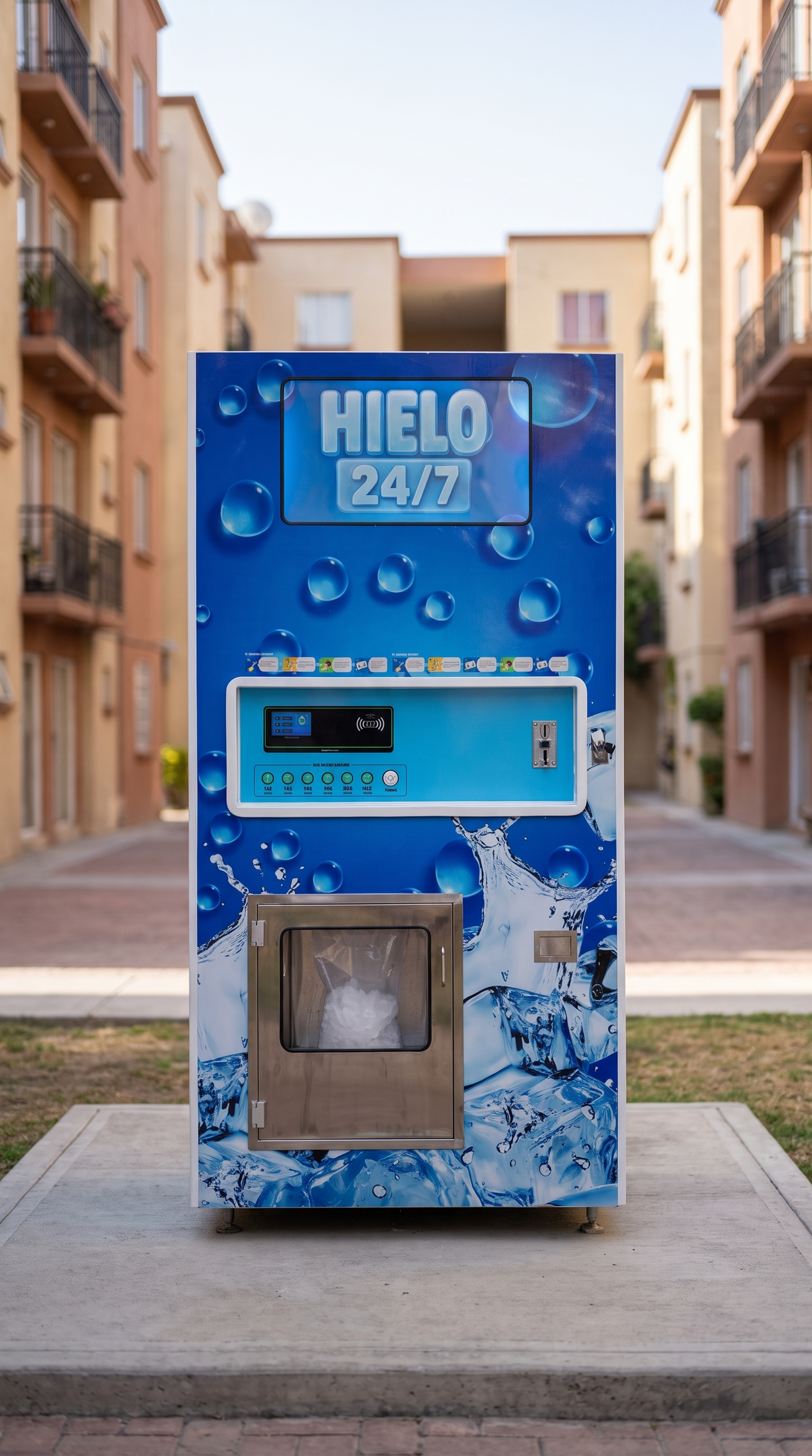 Máquina expendedora de hielo en bolsa y granel 320 kg/día en el patio de una unidad habitacional
