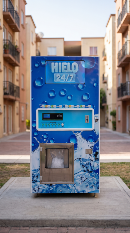 Máquina expendedora de hielo en bolsa y granel 320 kg/día en el patio de una unidad habitacional