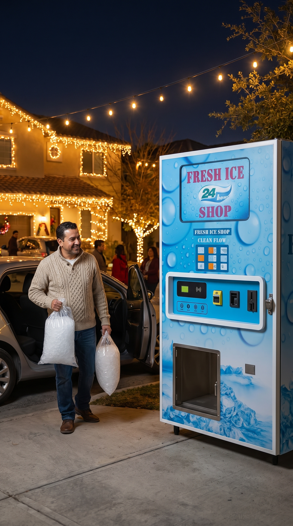 Padre lleva dos bolsas de hielo de la máquina expendedora 450 kg/día a su auto en una calle iluminada de Monterrey en Año Nuevo
