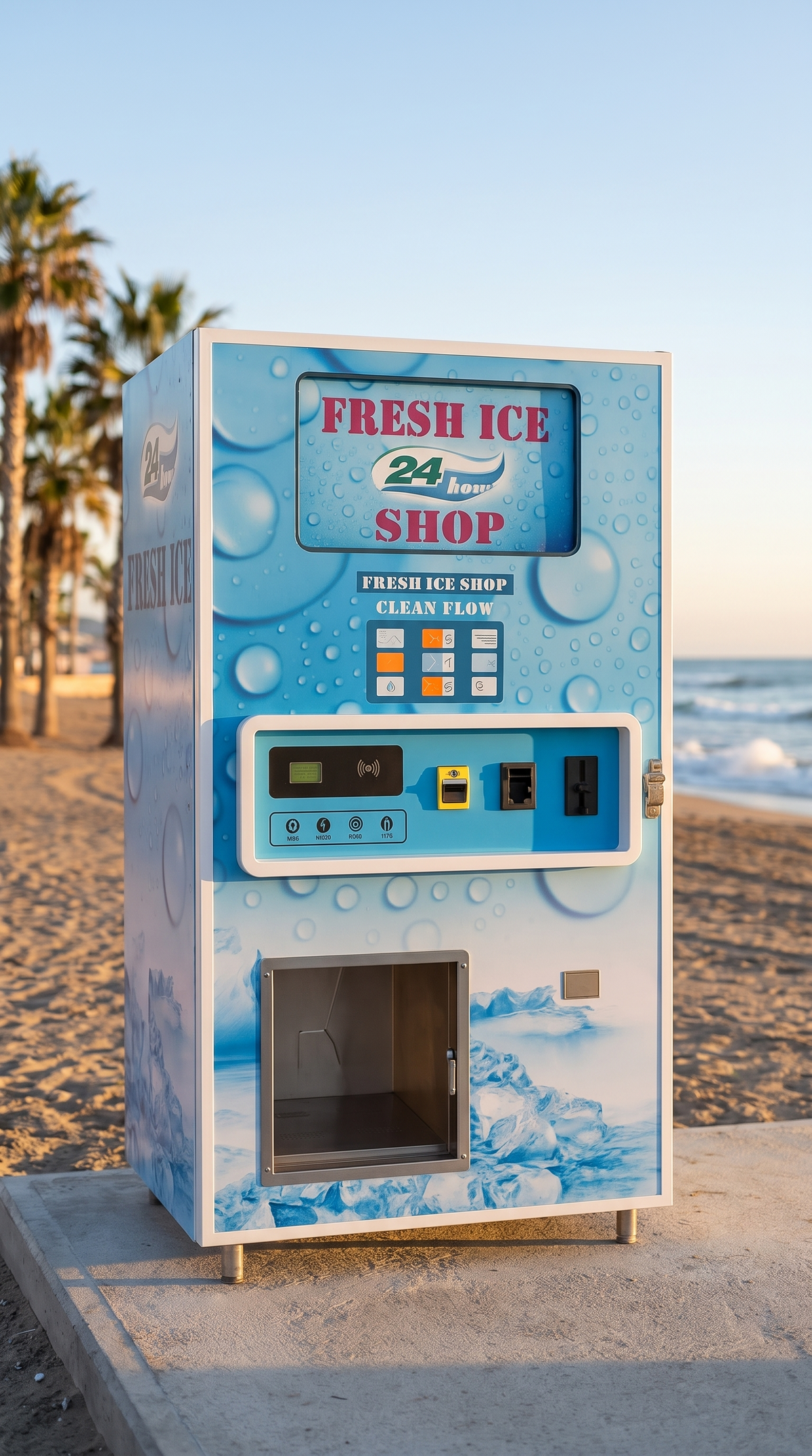 Máquina expendedora de hielo en bolsa y granel 450 kg/día junto a la playa al atardecer