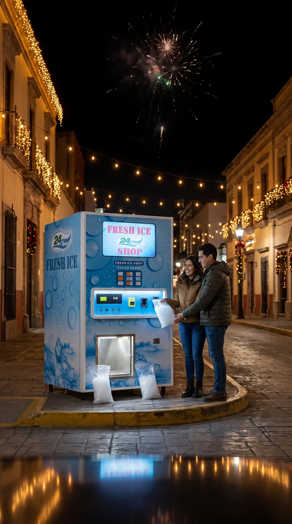 Pareja toma una bolsa de hielo de la máquina expendedora 450 kg/día en una calle con luces y fuegos artificiales de Año Nuevo