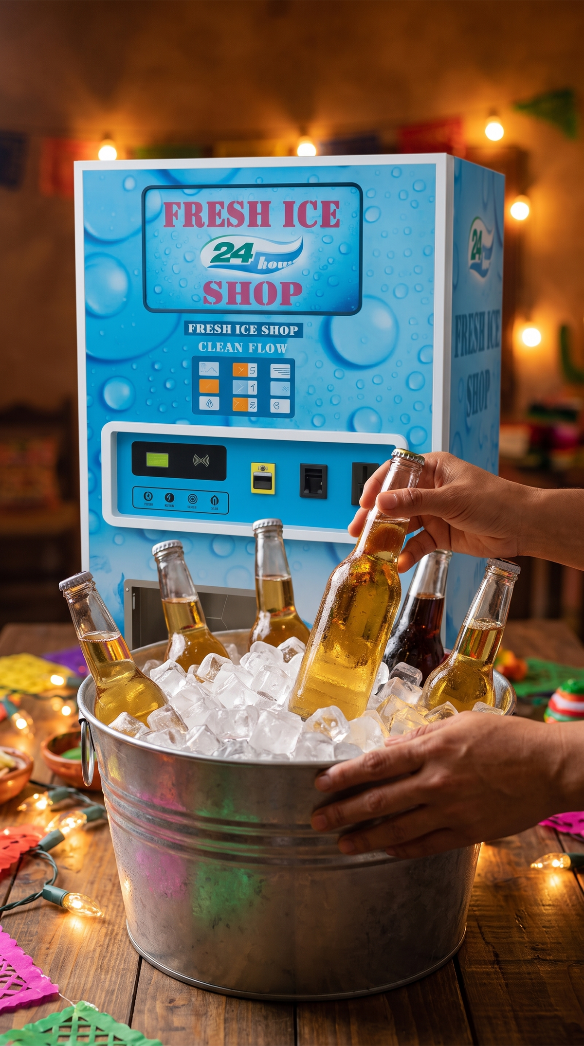 Cubeta con hielo y botellas para el brindis frente a la máquina expendedora de hielo 450 kg/día