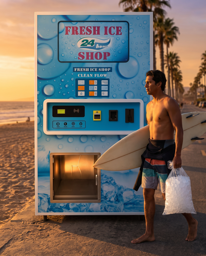 Surfista con una bolsa de hielo pasa junto a la máquina expendedora de hielo 450 kg/día al atardecer en la playa