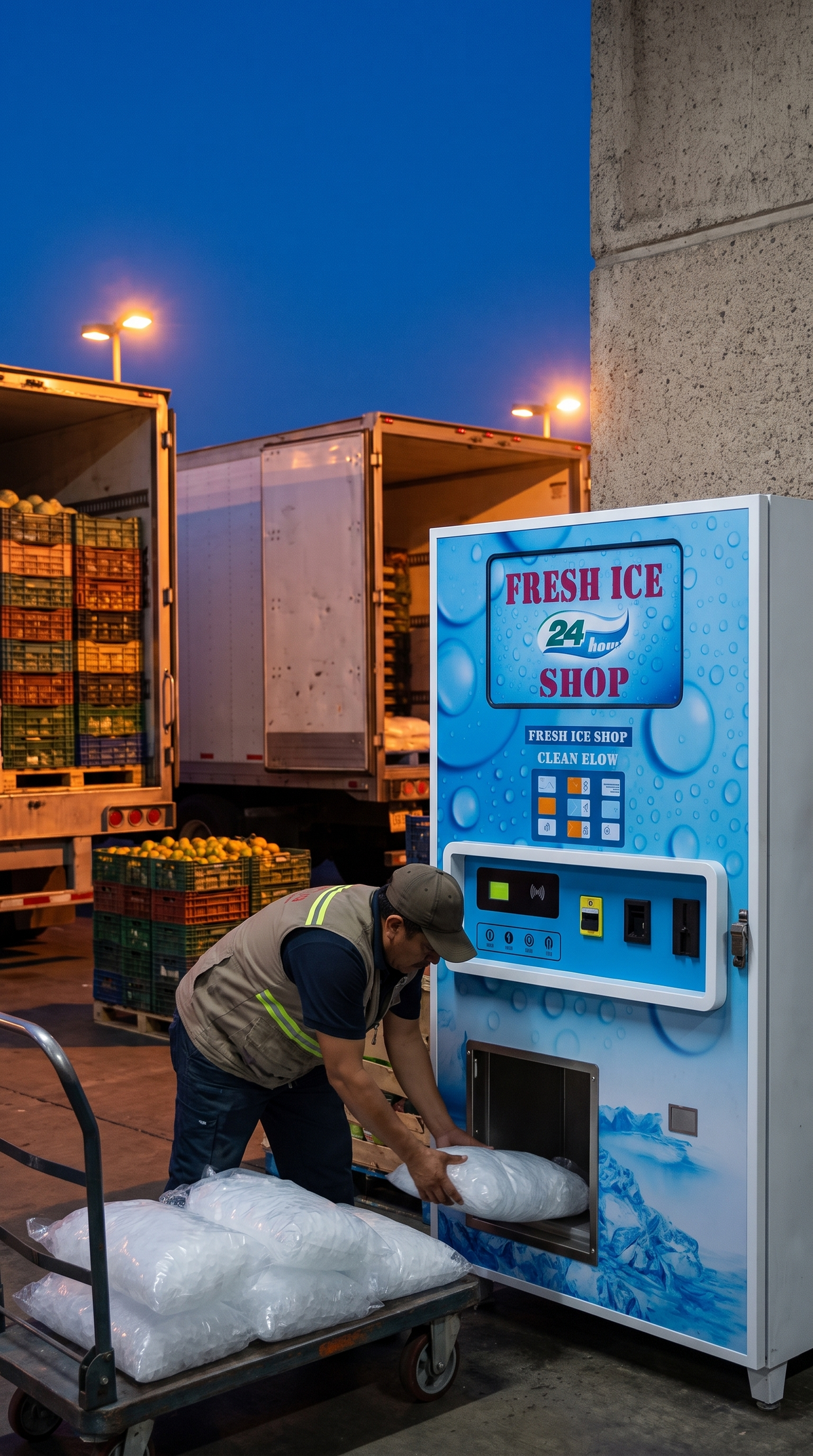 Proveedor de restaurantes carga bolsas de hielo en un diablito junto a la máquina expendedora de hielo 900 kg/día en el mercado de abastos de Guadalajara