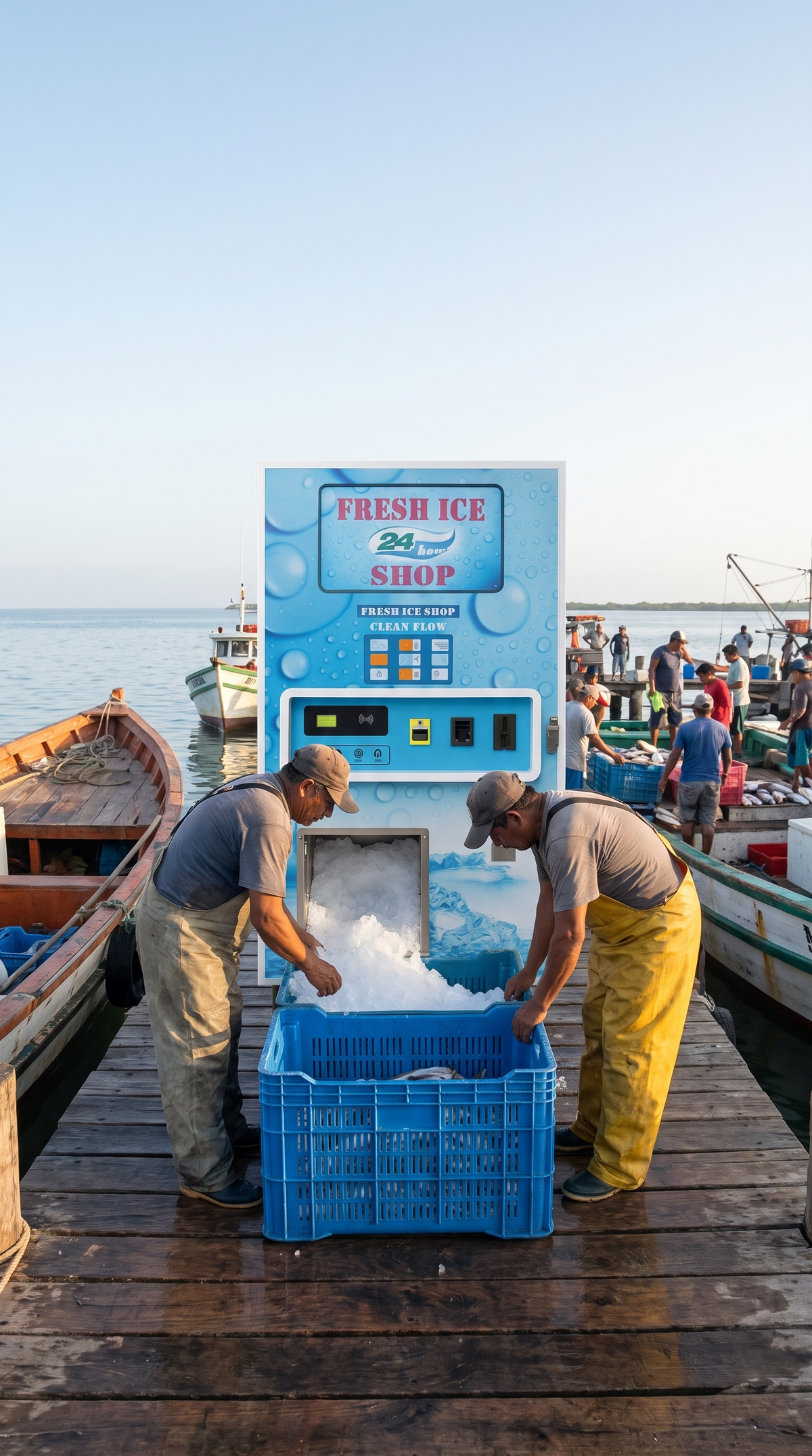 Pescadores llenan una caja con hielo a granel de la máquina expendedora de hielo 900 kg/día en un muelle de Campeche