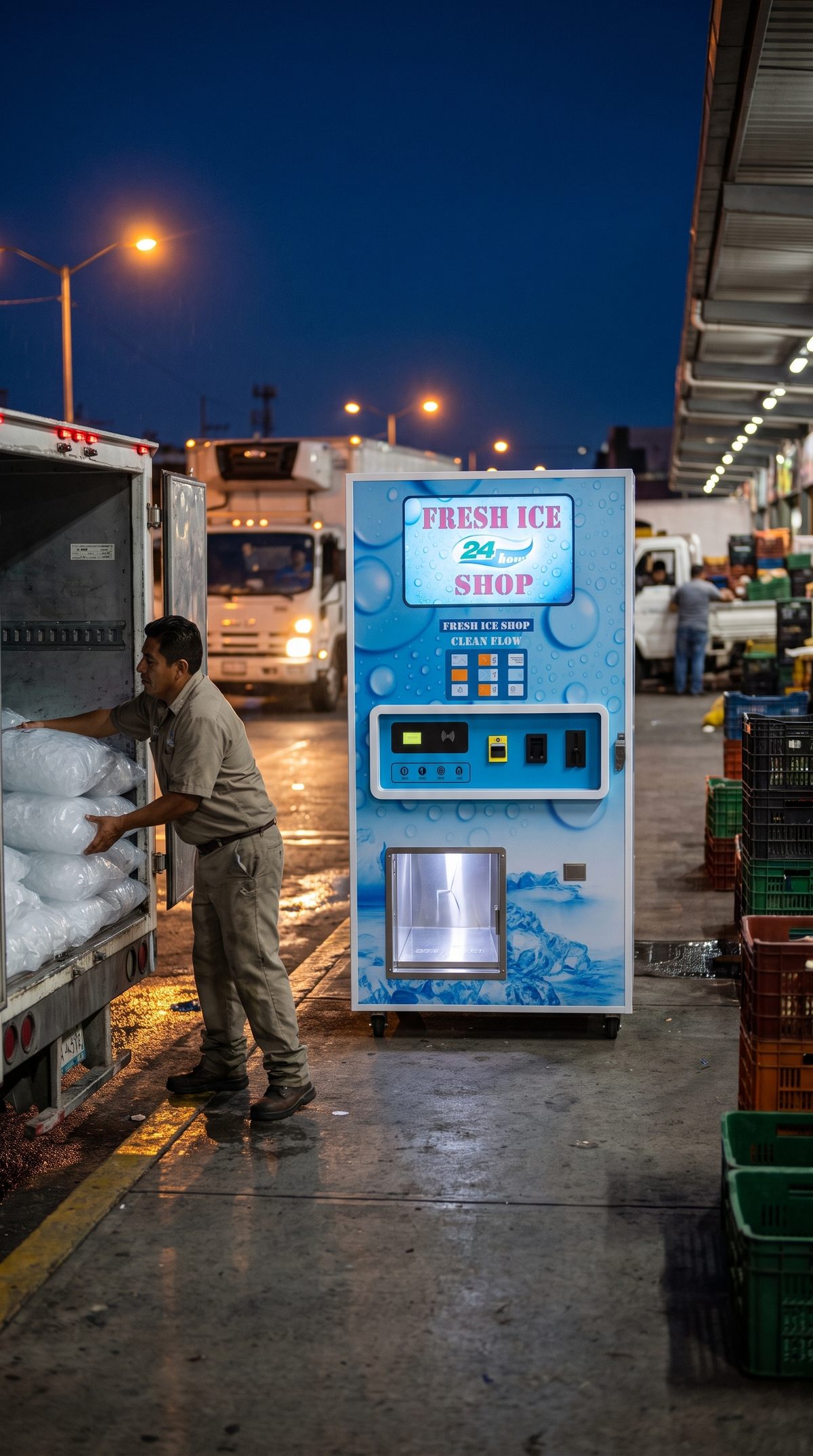 Repartidor carga bolsas de hielo en su camión de madrugada junto a la máquina expendedora de hielo 900 kg/día en el mercado de abastos
