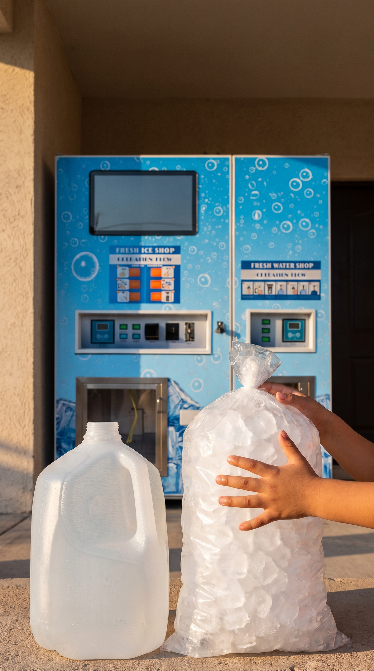 Bolsa de hielo y agua recién compradas en la máquina expendedora de hielo y agua, listas en la puerta de casa