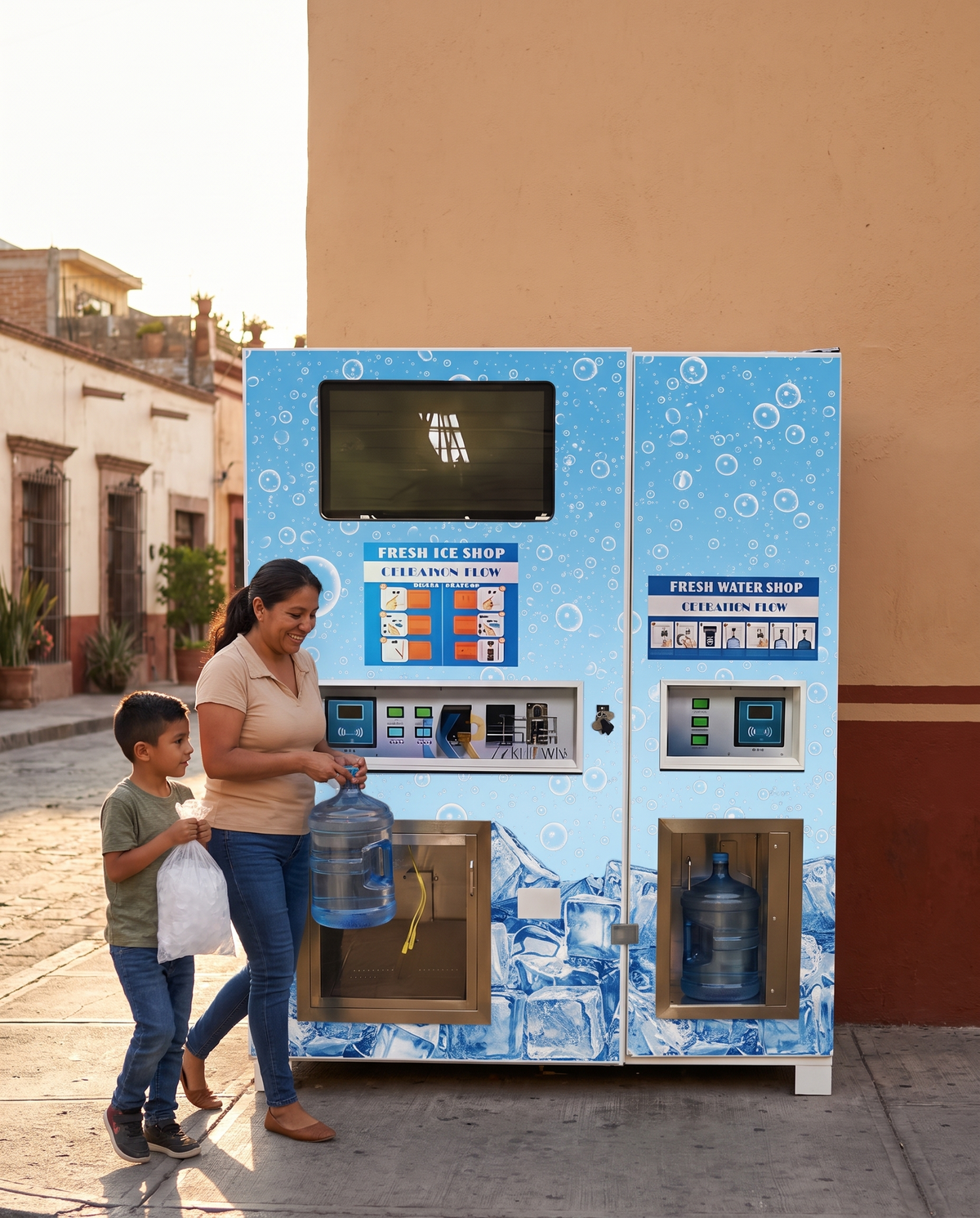 Mamá e hijo salen con garrafón de agua y bolsa de hielo de la máquina expendedora de hielo 450 kg y agua 3000 L en una esquina del barrio