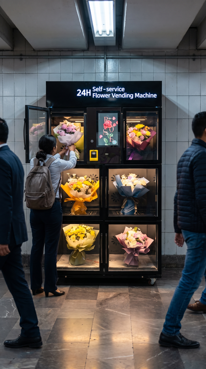 Mujer toma un ramo de la expendedora de flores refrigerada de 6 compartimentos en un pasillo del metro de la Ciudad de México