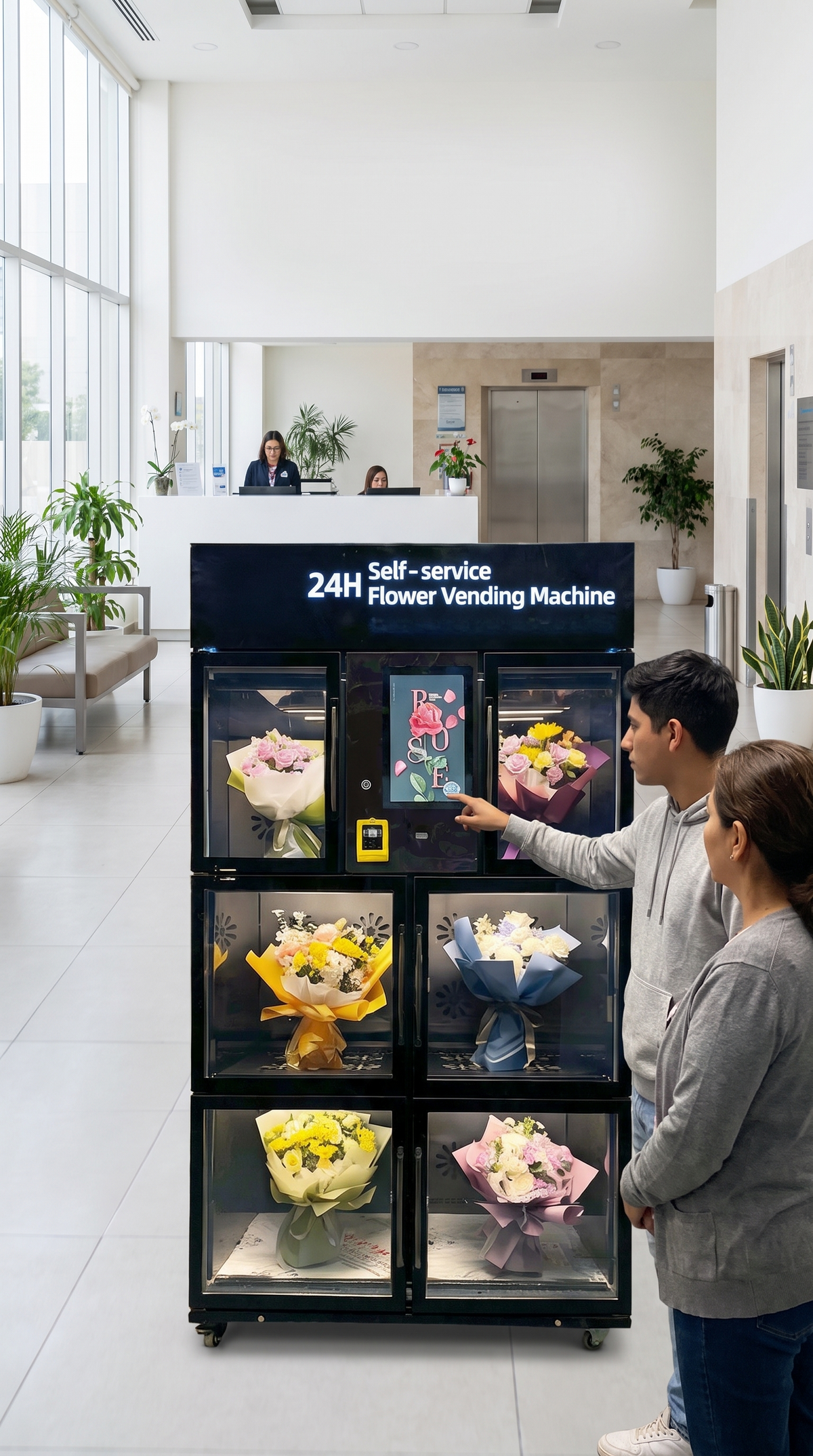 Joven elige un ramo en la pantalla de la expendedora de flores refrigerada de 6 compartimentos en el lobby de un hospital