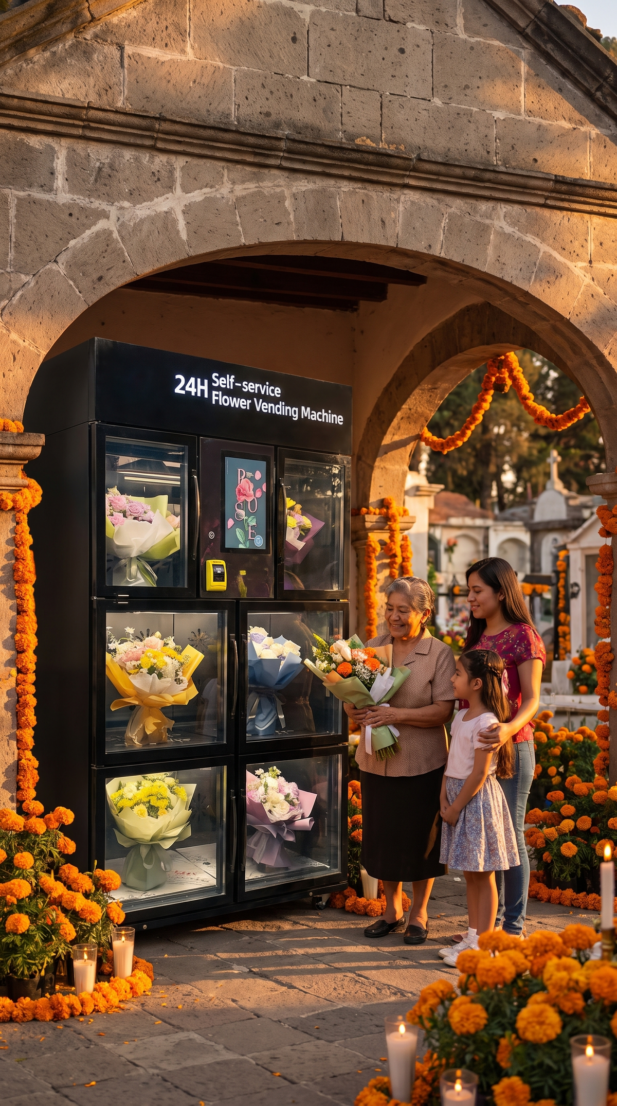 Familia compra un ramo en la expendedora de flores refrigerada de 6 compartimentos a la entrada de un panteón decorado con cempasúchil