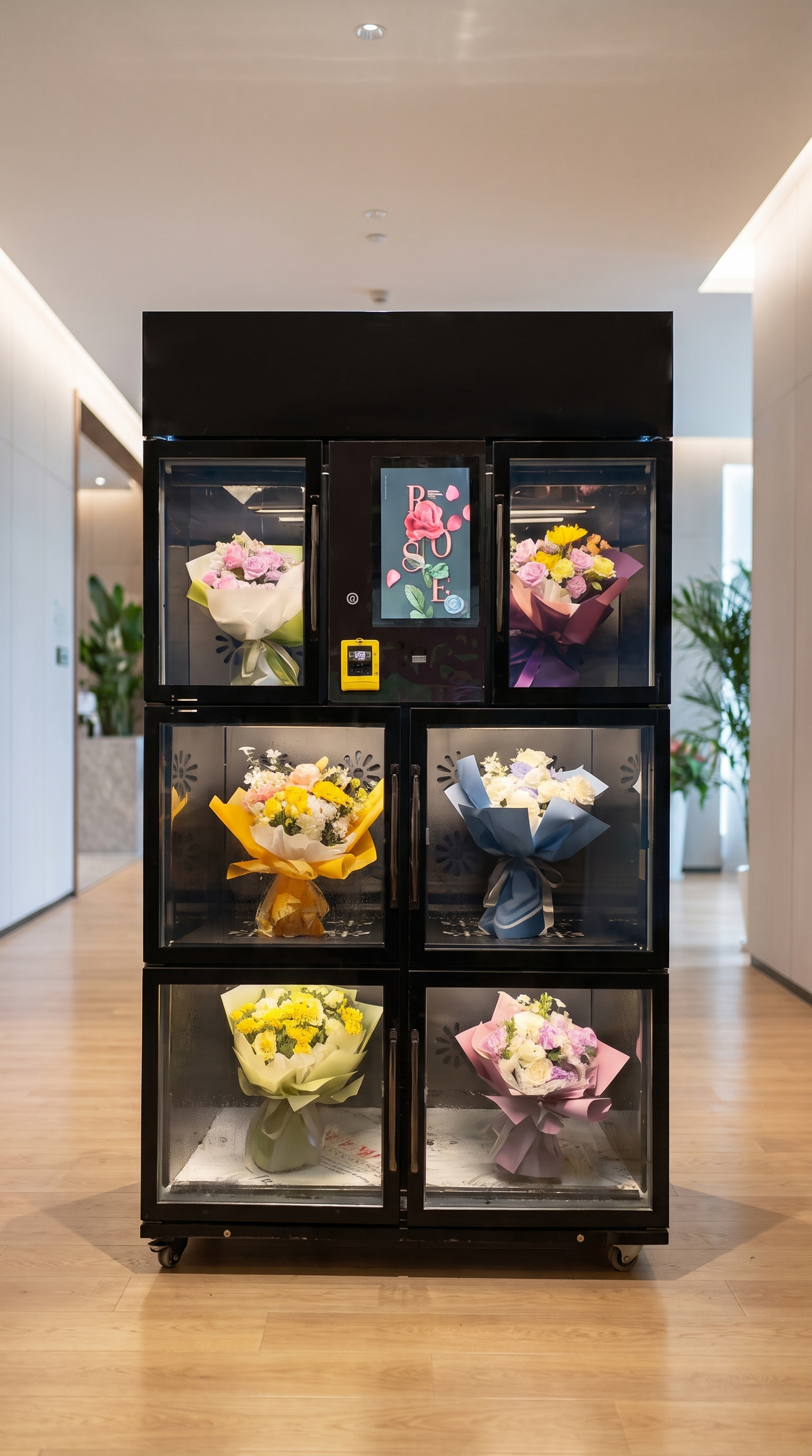 Expendedora de flores refrigerada de 6 compartimentos con los ramos frescos a la vista