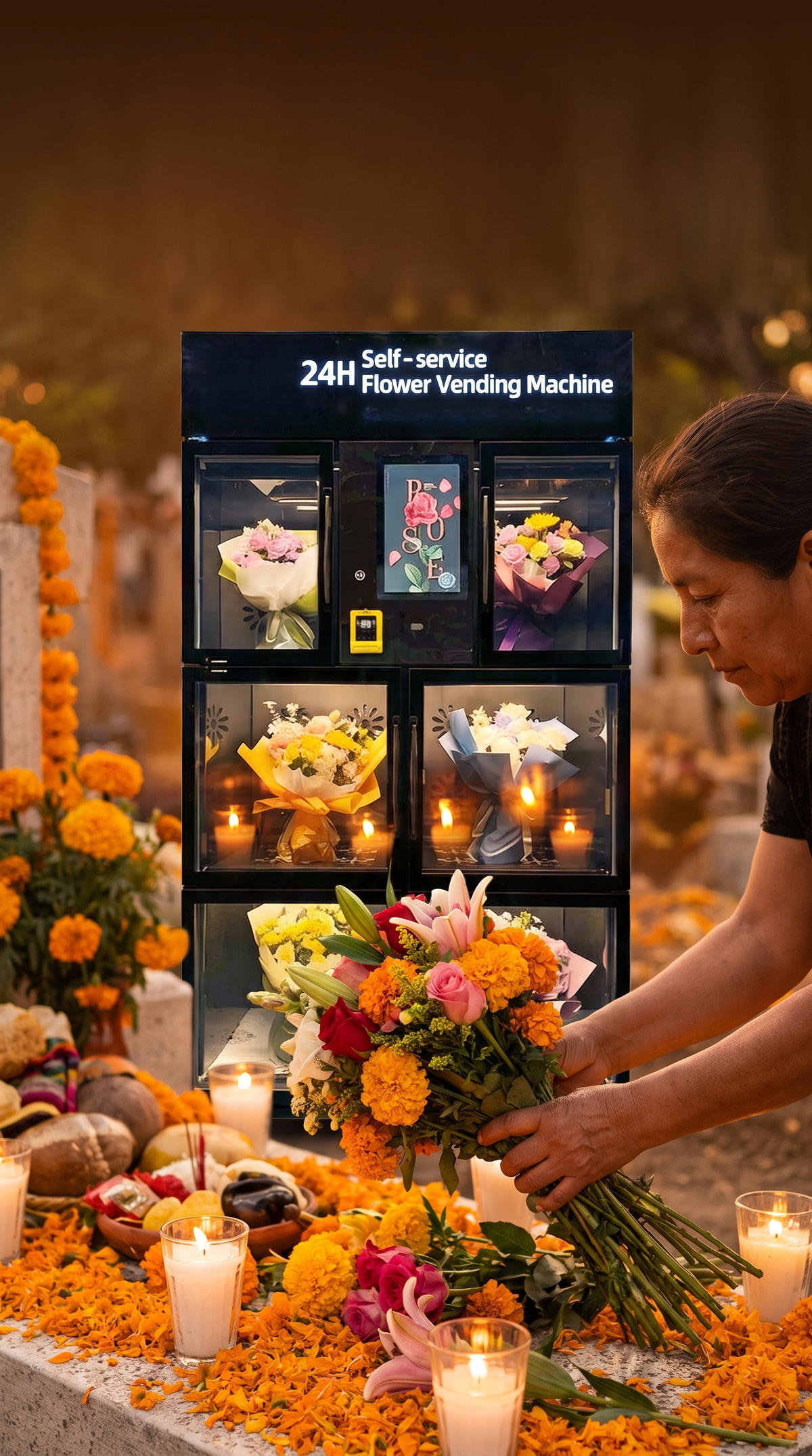 Ramos frescos iluminados por veladoras en la expendedora de flores refrigerada de 6 compartimentos