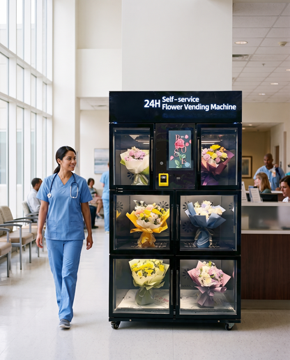 Enfermera pasa junto a la expendedora de flores refrigerada de 6 compartimentos en el lobby de un hospital