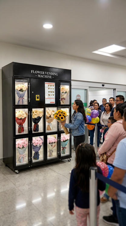 Joven recibe un ramo de girasoles de la expendedora de flores refrigerada de 10 compartimentos en la sala de llegadas del aeropuerto