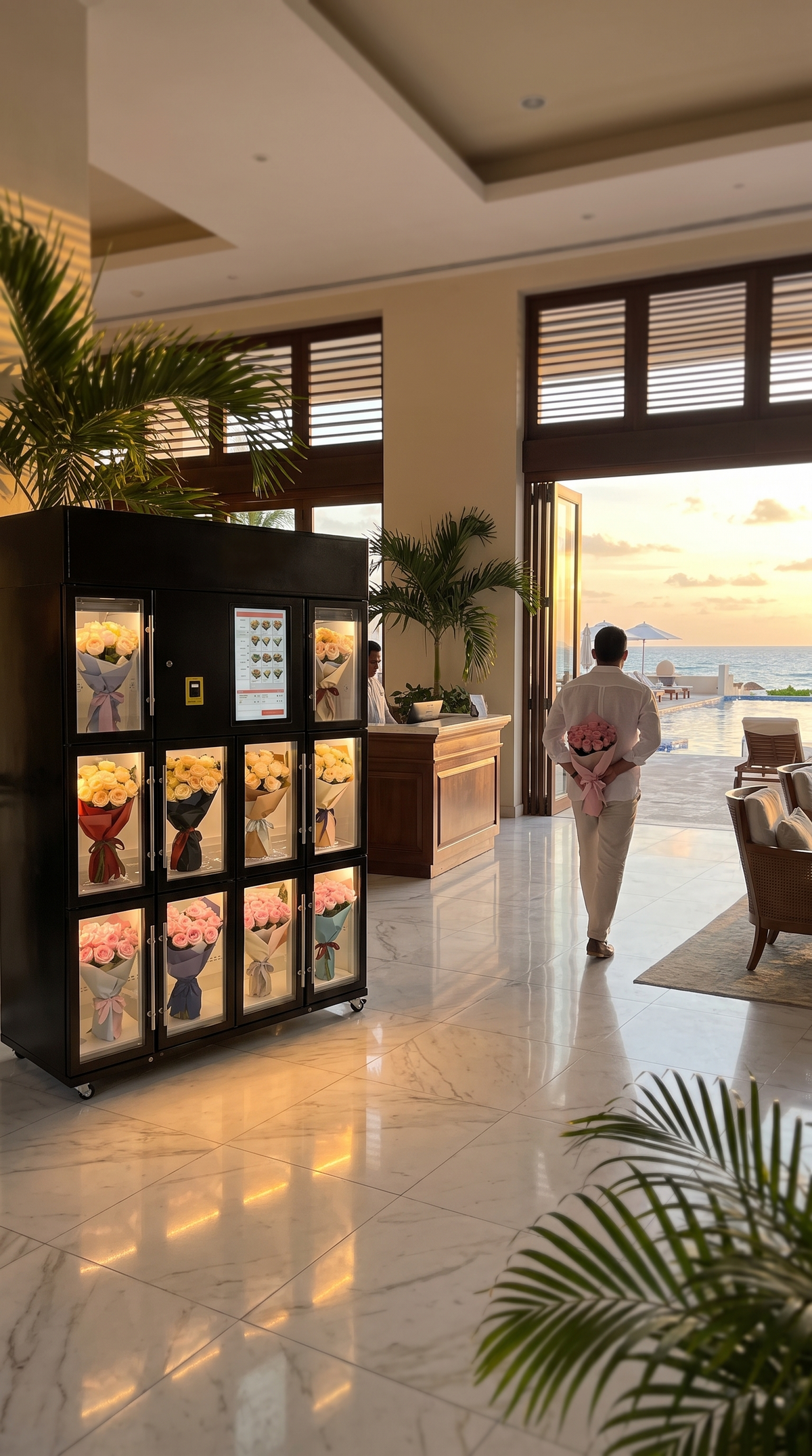 Huésped recorre el lobby de un hotel de playa en Cancún junto a la expendedora de flores refrigerada de 10 compartimentos