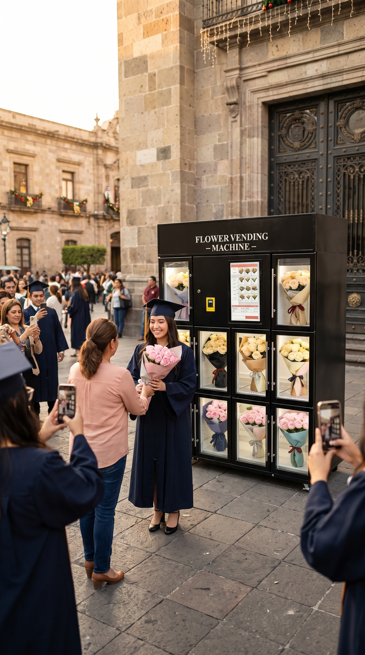 Graduada recibe un ramo de rosas de la expendedora de flores refrigerada de 10 compartimentos en un campus de Guadalajara